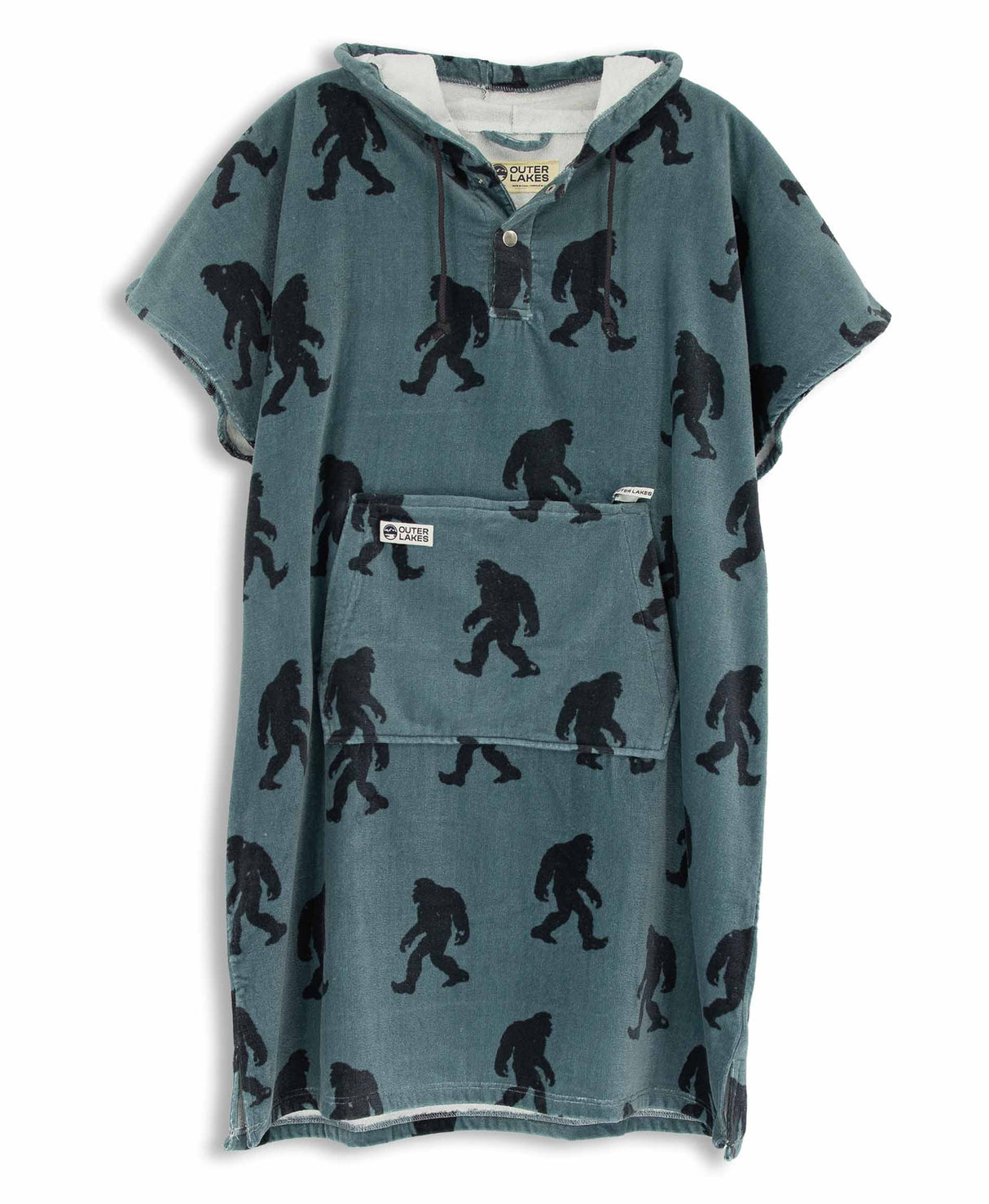 Blue towel poncho with black Sasquatch pattern on a white background