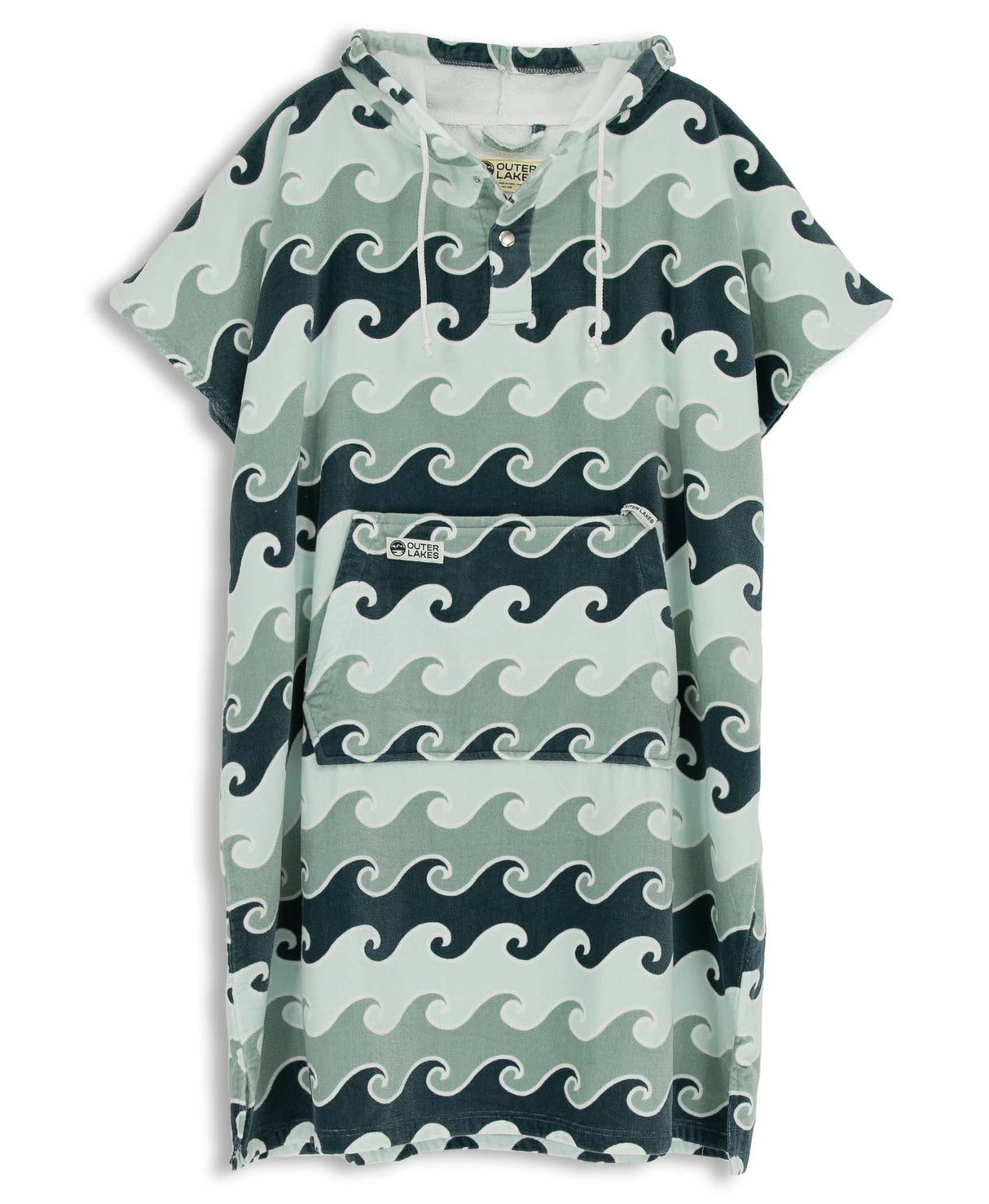 Blue towel poncho with wave pattern on a white background