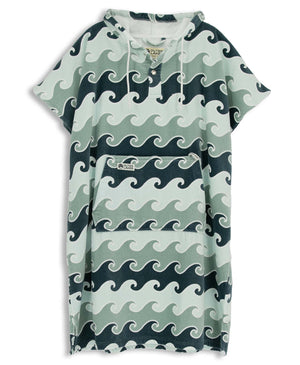 Blue towel poncho with wave pattern on a white background