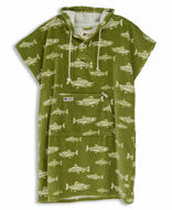 Green towel poncho with fish pattern on a white background