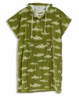 Green towel poncho with fish pattern on a white background
