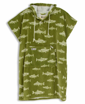 Green towel poncho with fish pattern on a white background