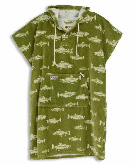 Green towel poncho with fish pattern on a white background