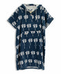 Navy blue towel poncho with white palm tree pattern on a white background