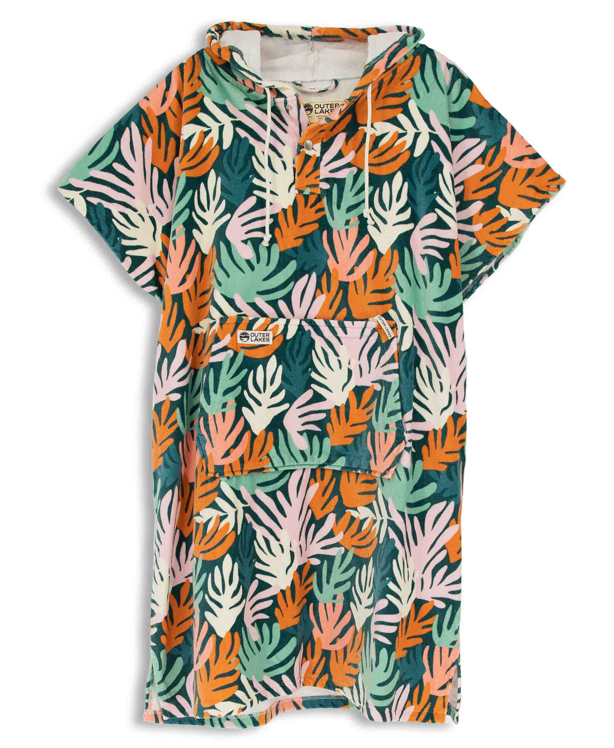Colorful towel poncho with coral pattern on a white background