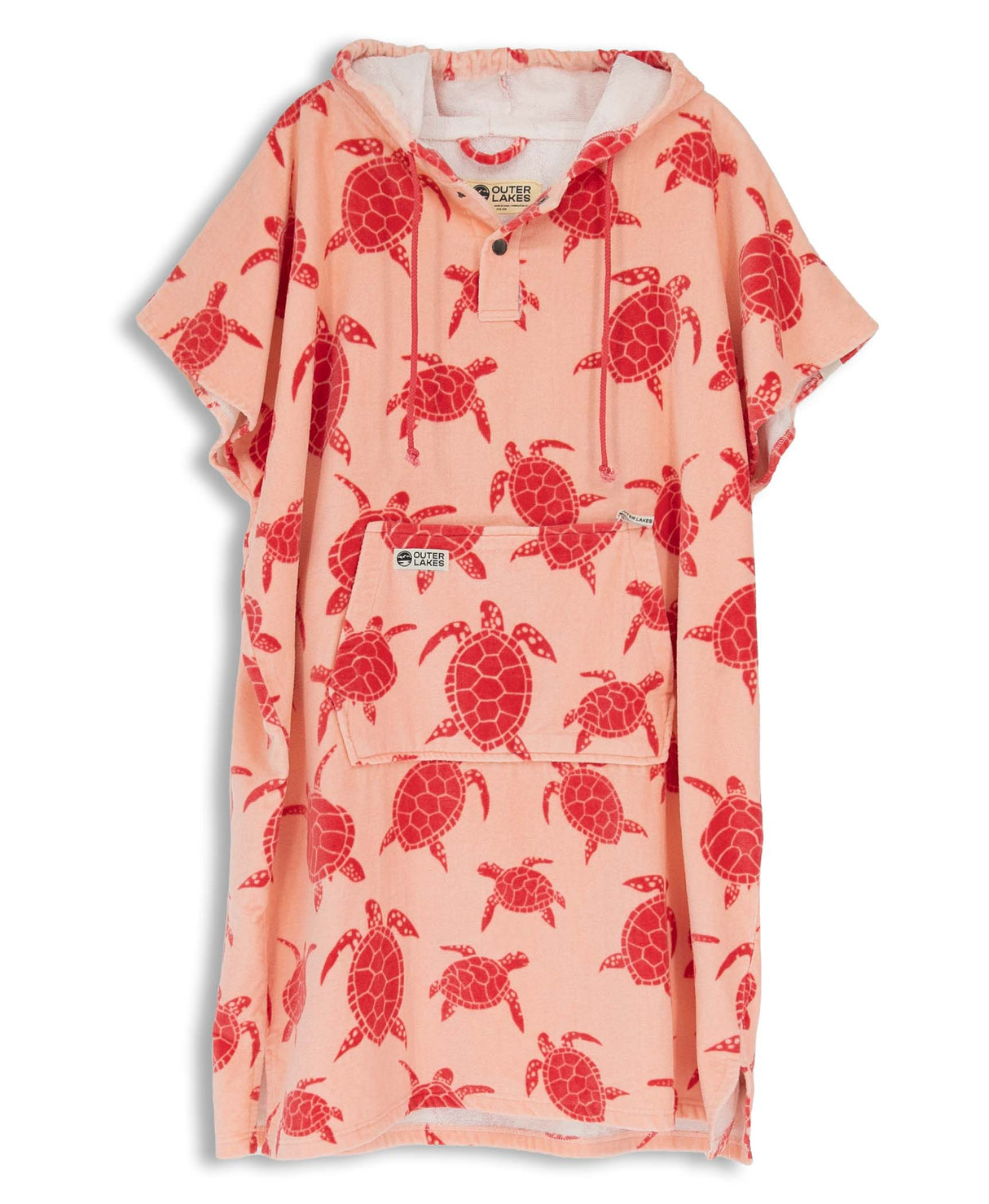 Pink towel poncho with dark pink turtle pattern on a white background