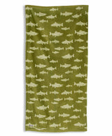 Towel with green fish pattern on a white background