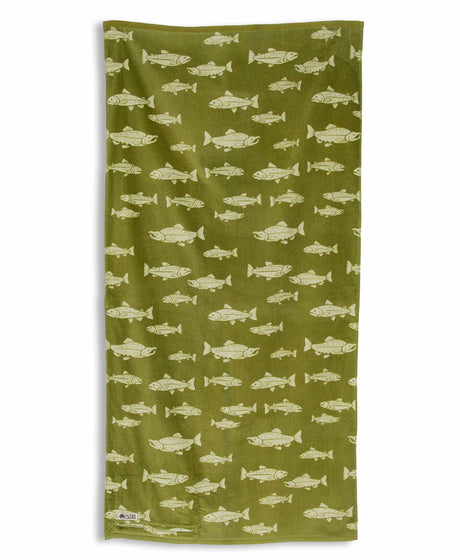 Towel with green fish pattern on a white background
