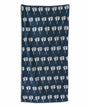 Navy blue towel with white palm tree pattern on a white background