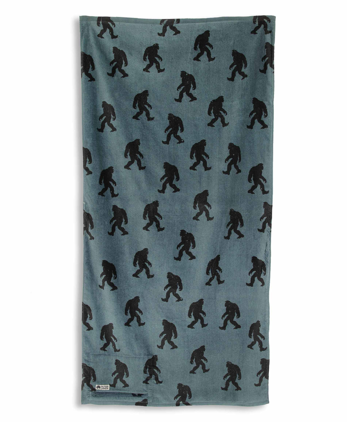 Blue towel with black Sasquatch pattern on a white background