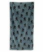 Blue towel with black Sasquatch pattern on a white background