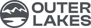 Outer Lakes logo with mountain and lake graphic in dark blue brand color