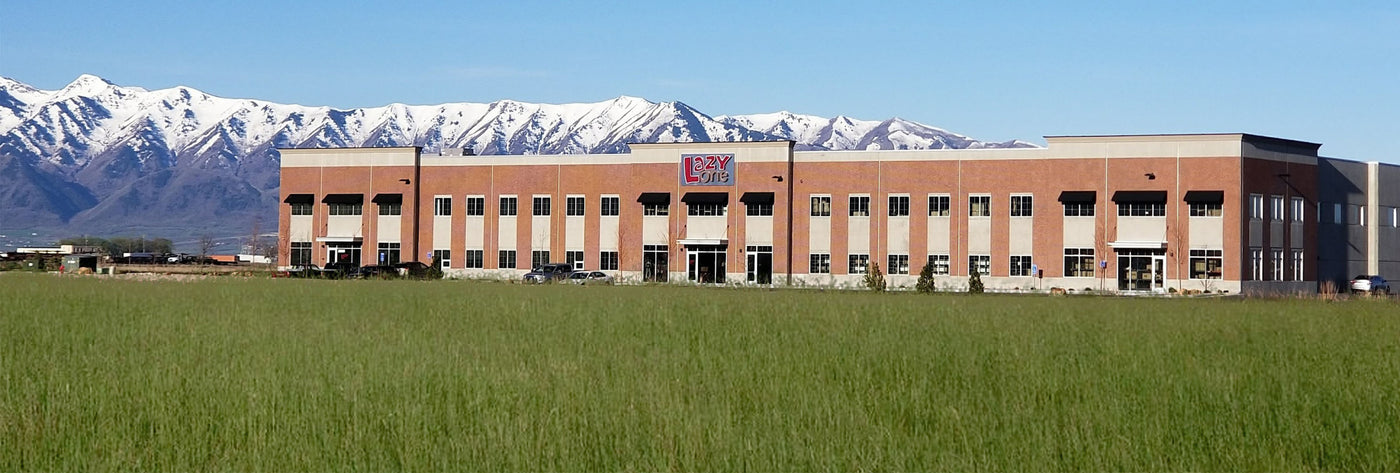 LazyOne warehouse building in front of snow-capped mountains